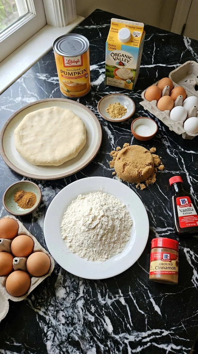 Raw ingredients for pumpkin pie scattered on a wooden surface