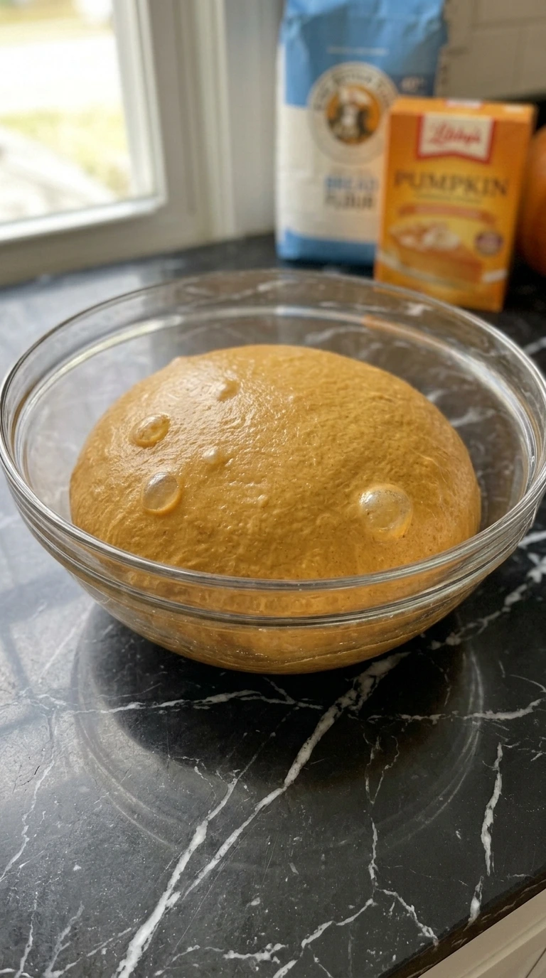 Smooth fermented pumpkin sourdough dough showing gluten structure after stretch and folds. Recipe focus: Fall Sourdough Bread Recipes.