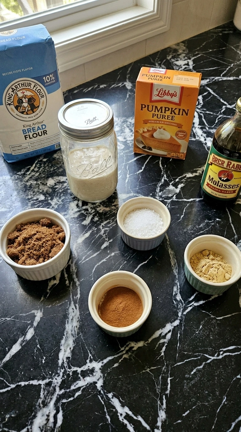 Raw ingredients for pumpkin spice sourdough including flour, pumpkin puree, starter, and spices. Recipe focus: Fall Sourdough Bread Recipes.
