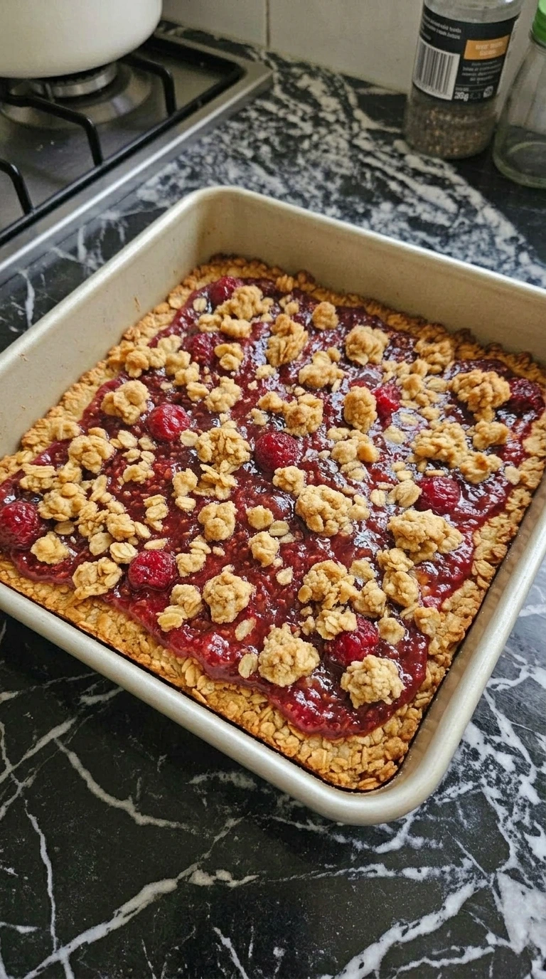 Golden baked Raspberry Breakfast Bars in a square pan