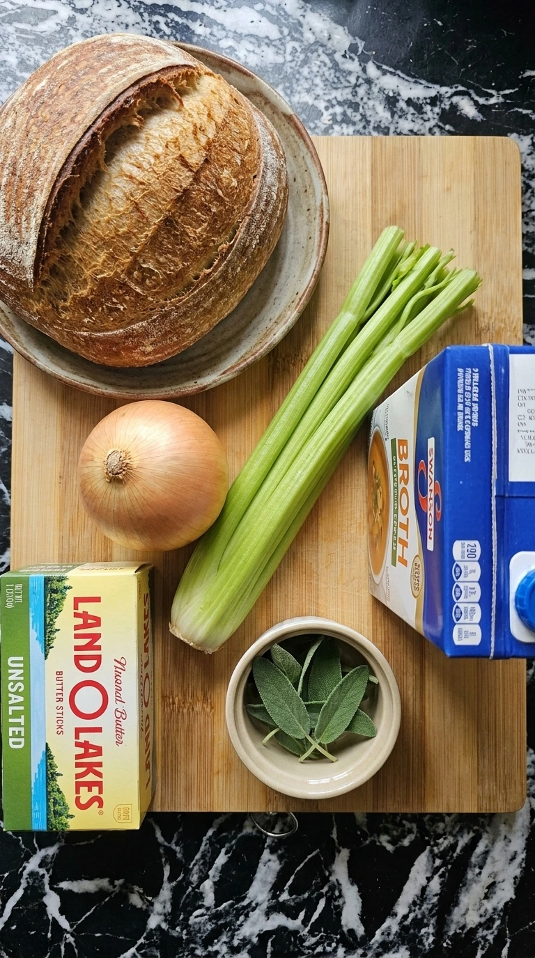 Raw ingredients for stuffing including sourdough bread, celery, onion, and chicken broth