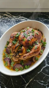 Garnished lemon garlic roast chicken resting in a white ceramic dish with fresh parsley