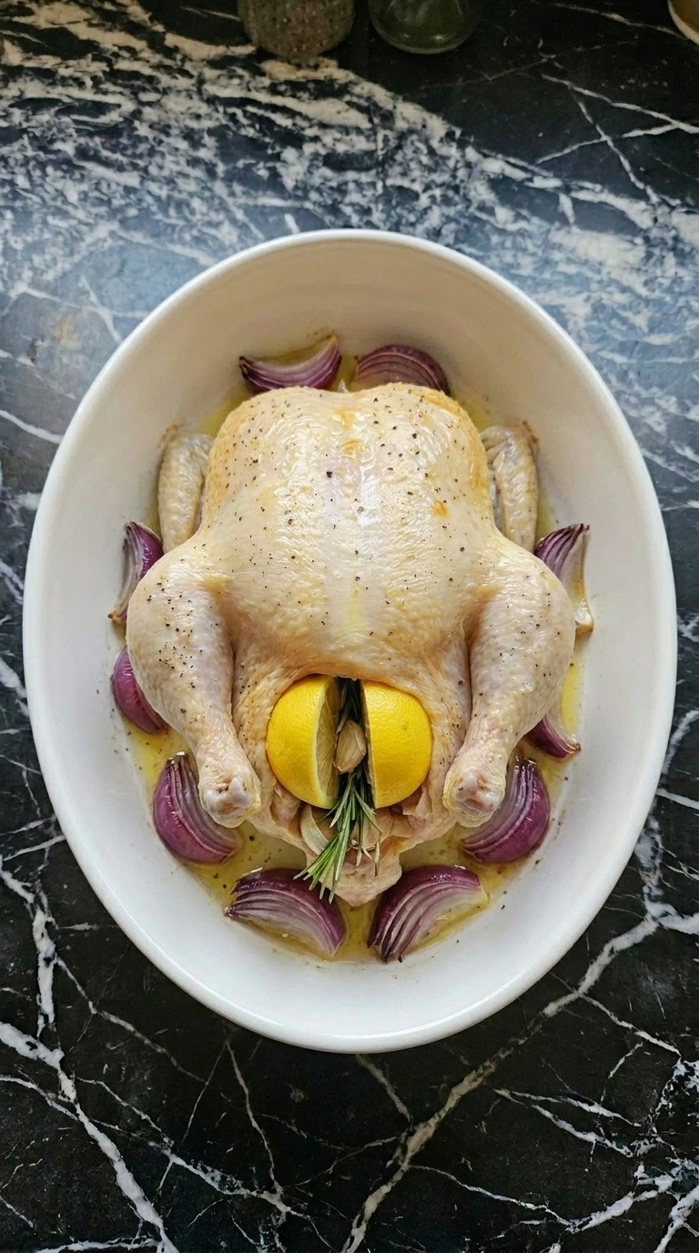 Chicken roasting in a white ceramic dish with red onion wedges turning lightly golden