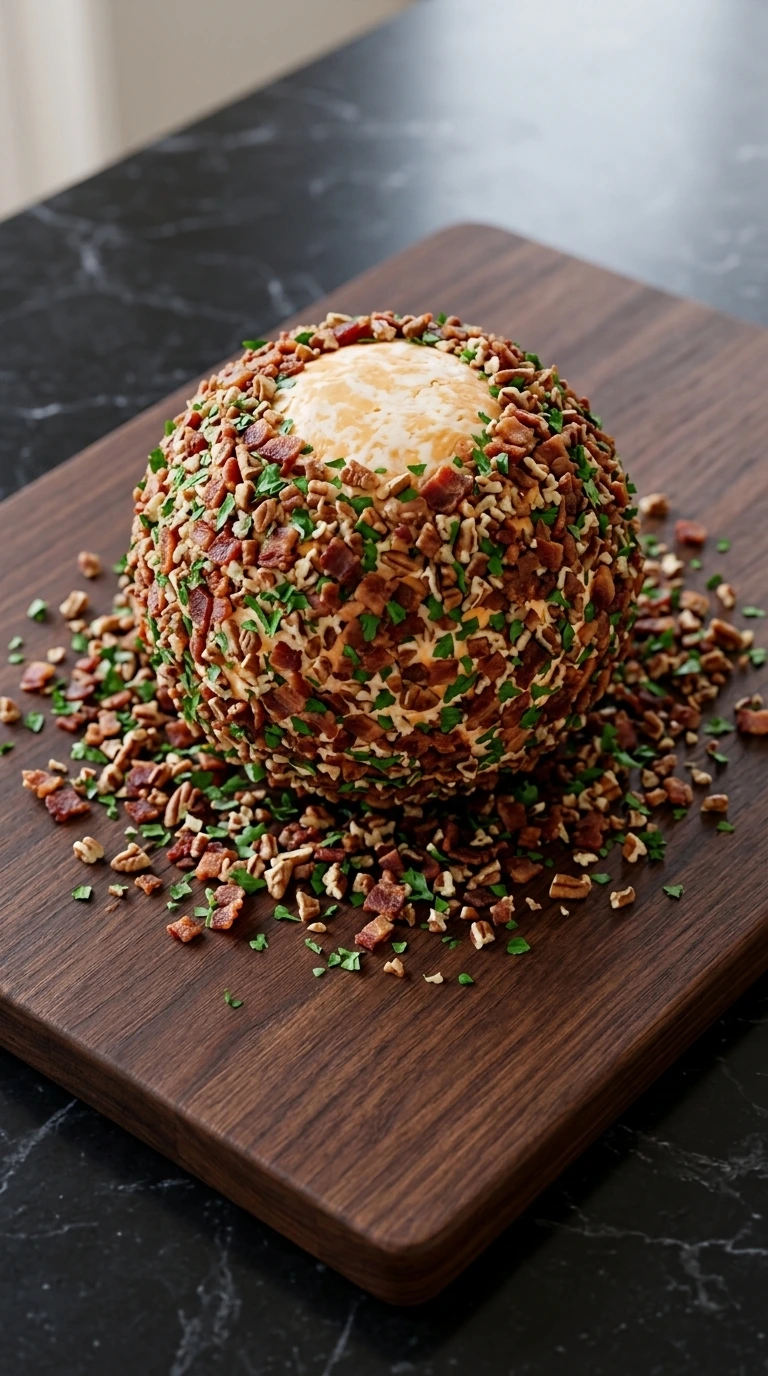 A round cheese ball being rolled through a mixture of bacon and herbs on a wooden board.