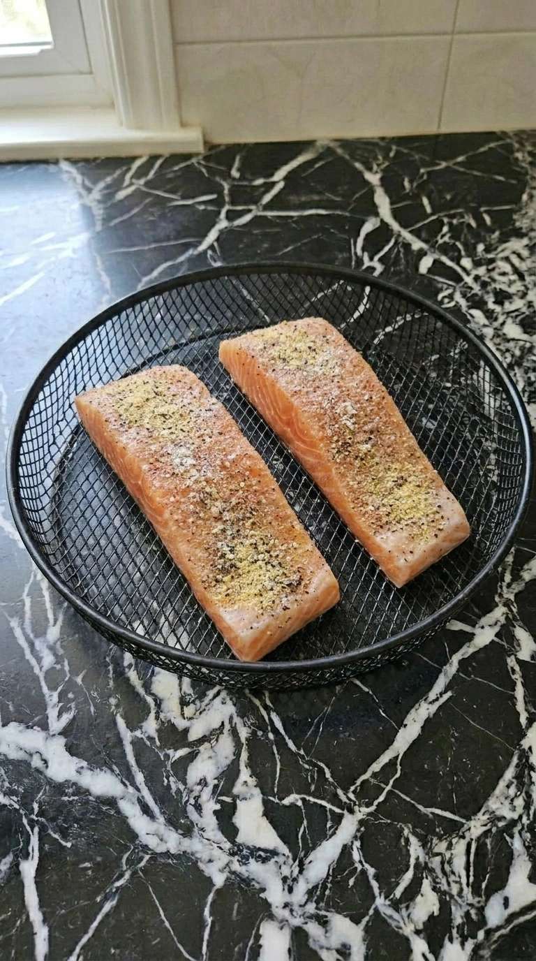 Two raw seasoned salmon fillets placed inside a black air fryer basket