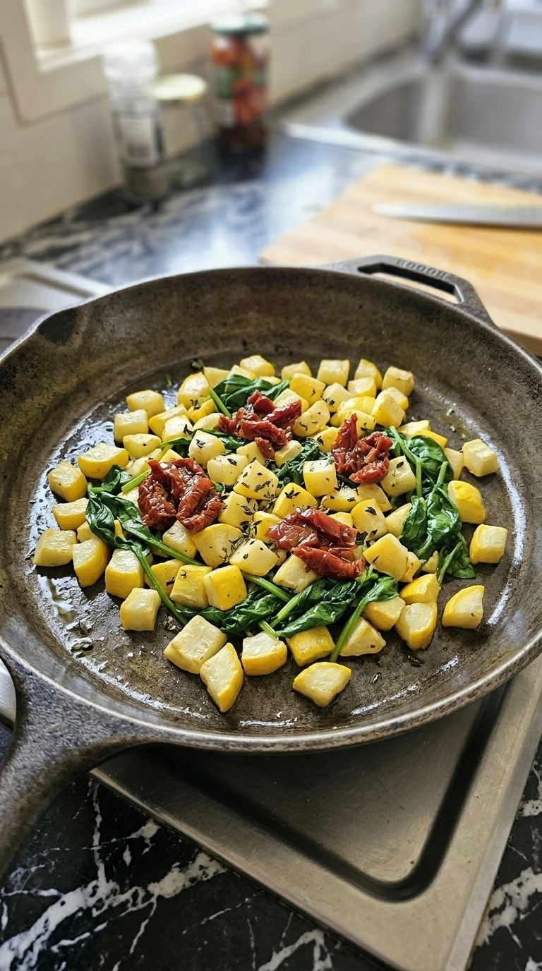 Diced patty pan squash sautéed with spinach, sun-dried tomatoes and thyme.