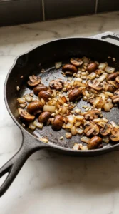Sautéed sliced cremini mushrooms and onions cooking inside a black cast-iron skillet.
