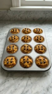 Pumpkin muffin batter scooped into brown paper liners in a metal tin.