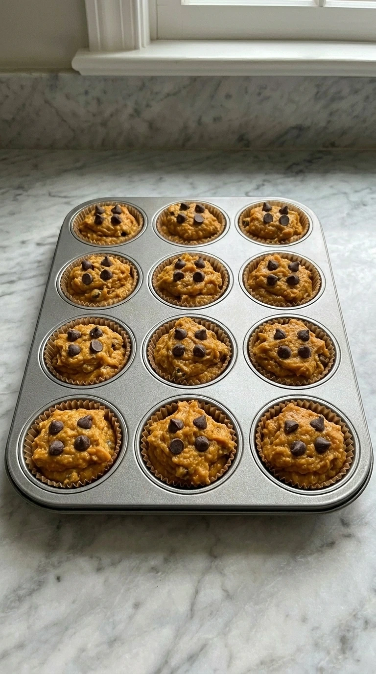 Pumpkin muffin batter scooped into brown paper liners in a metal tin.