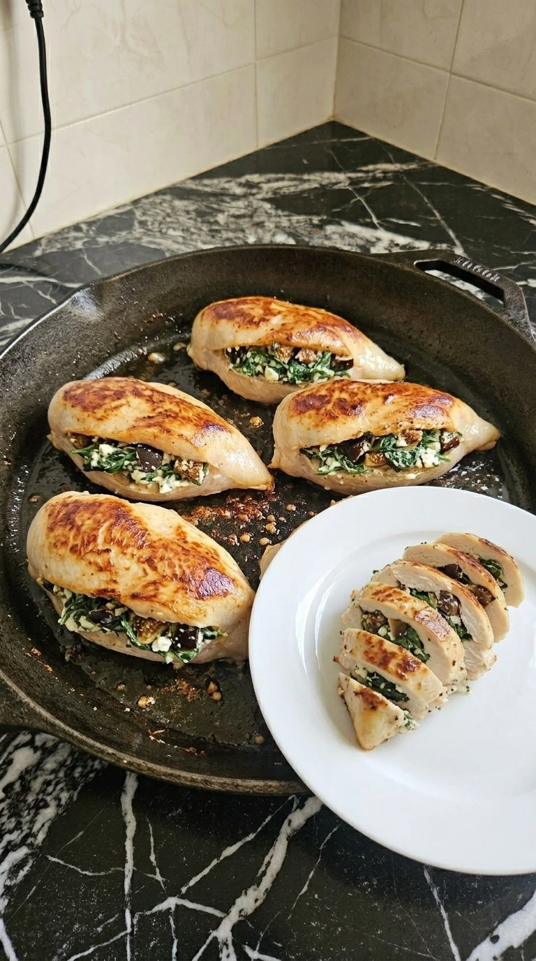 Four fig and goat cheese stuffed chicken breasts seared in a skillet