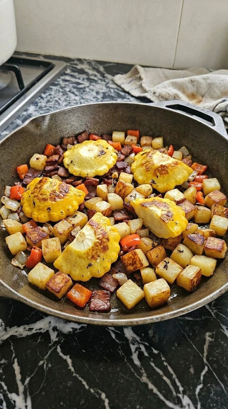 Golden patty pan squash seared with potatoes, bacon, red bell pepper and onion.