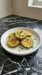 Six crispy Air Fryer Zucchini Chips finished with Parmigiano Reggiano and parsley Recipe focus: Air Fryer Squash With Parmesan.