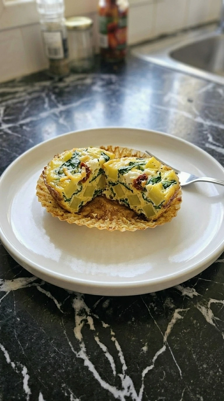 One Patty Pan Squash Egg Muffin cut open to show squash, spinach and feta.