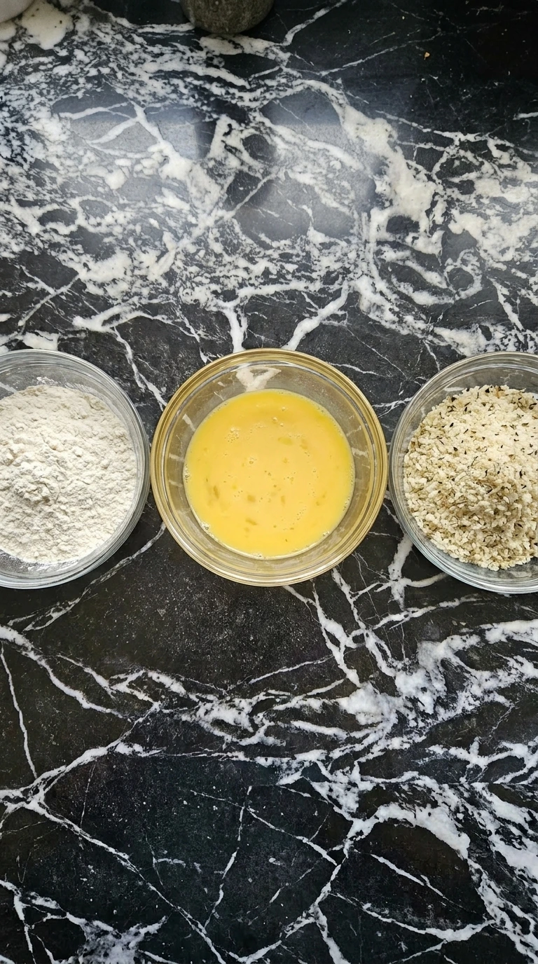 Three shallow glass bowls holding flour, whisked egg, and seasoned panko breadcrumbs side by side.