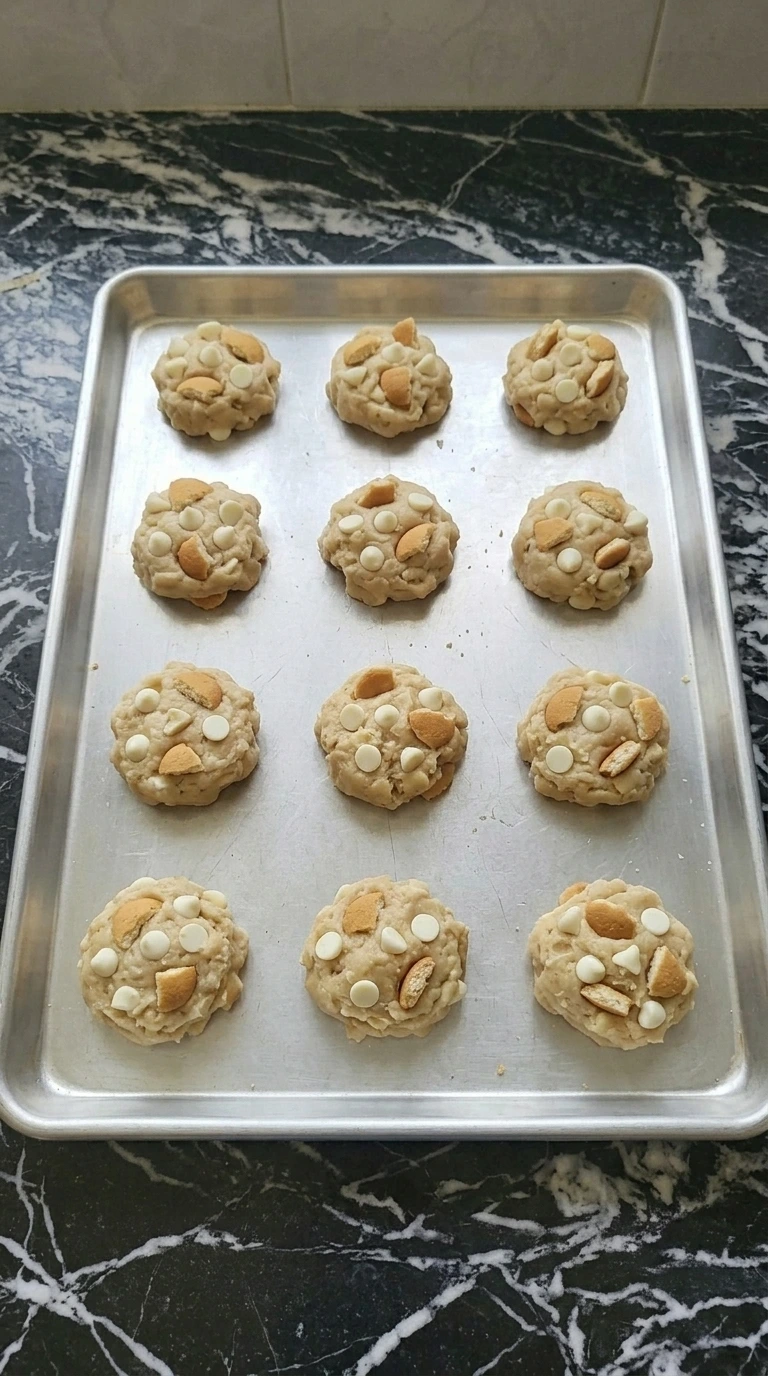 Twelve shaped banana pudding cookie dough portions on a baking tray