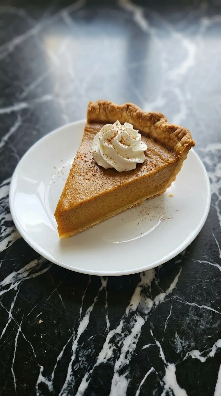 A single slice of pumpkin pie garnished with whipped cream on a plate