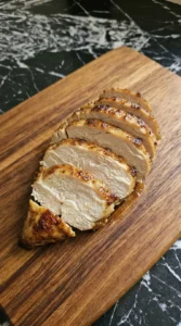 Sliced chicken breast showing a juicy white interior on a cutting board