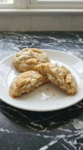 Broken banana pudding cookie showing a soft center and melted white chocolate