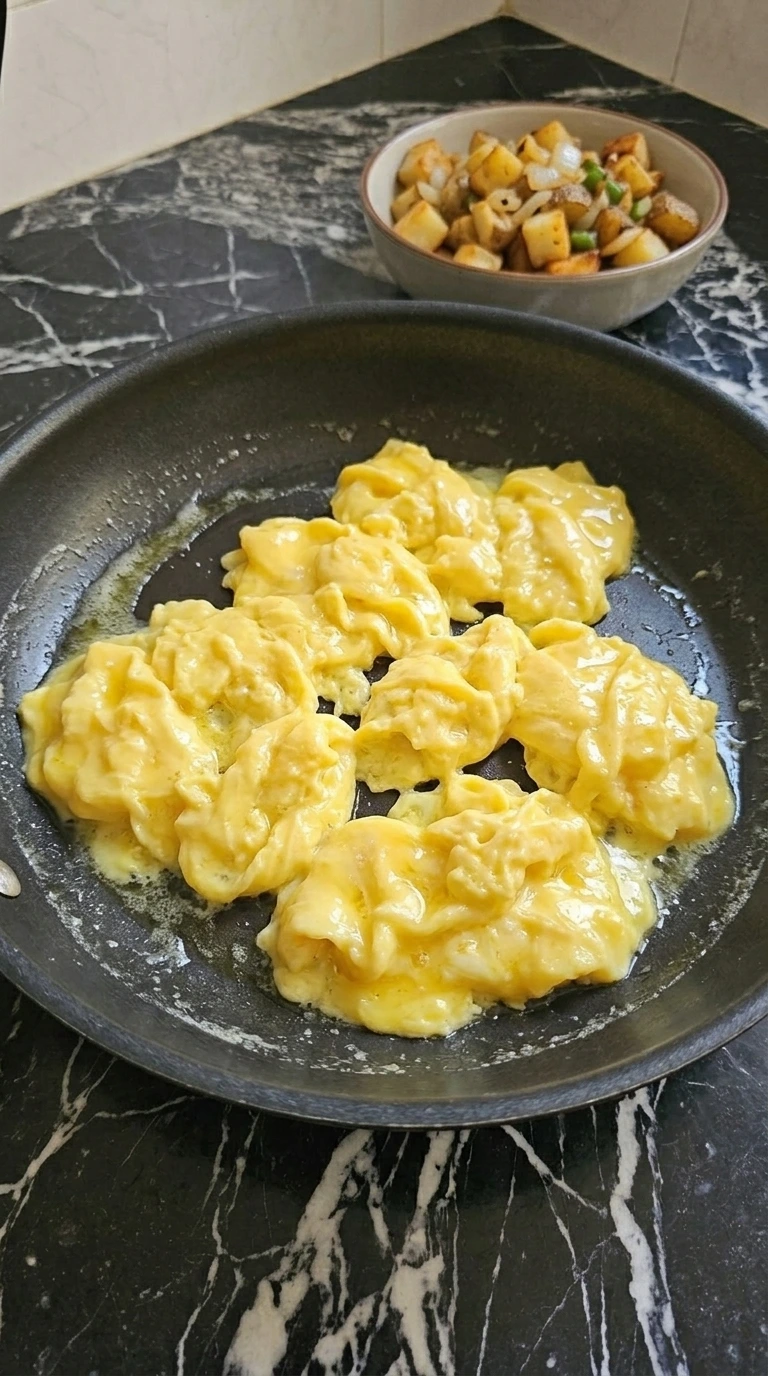 Soft glossy scrambled eggs for potato breakfast tacos