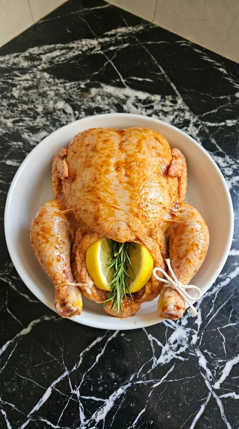 Trussed raw chicken stuffed with lemons and herbs in a white dish.
