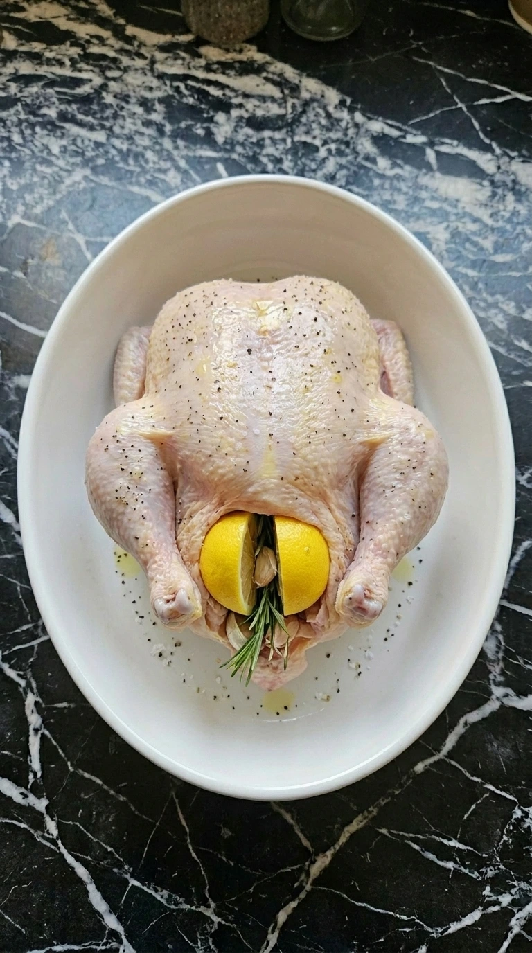 Halved lemons and garlic cloves stuffed inside the cavity of a raw seasoned chicken