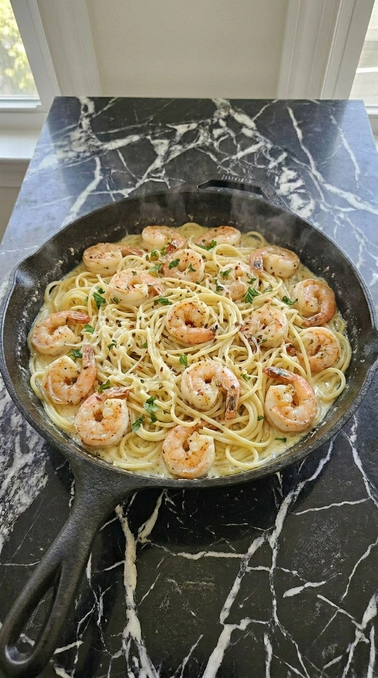 Tossing spaghetti and seared shrimp in garlic cream sauce inside a skillet