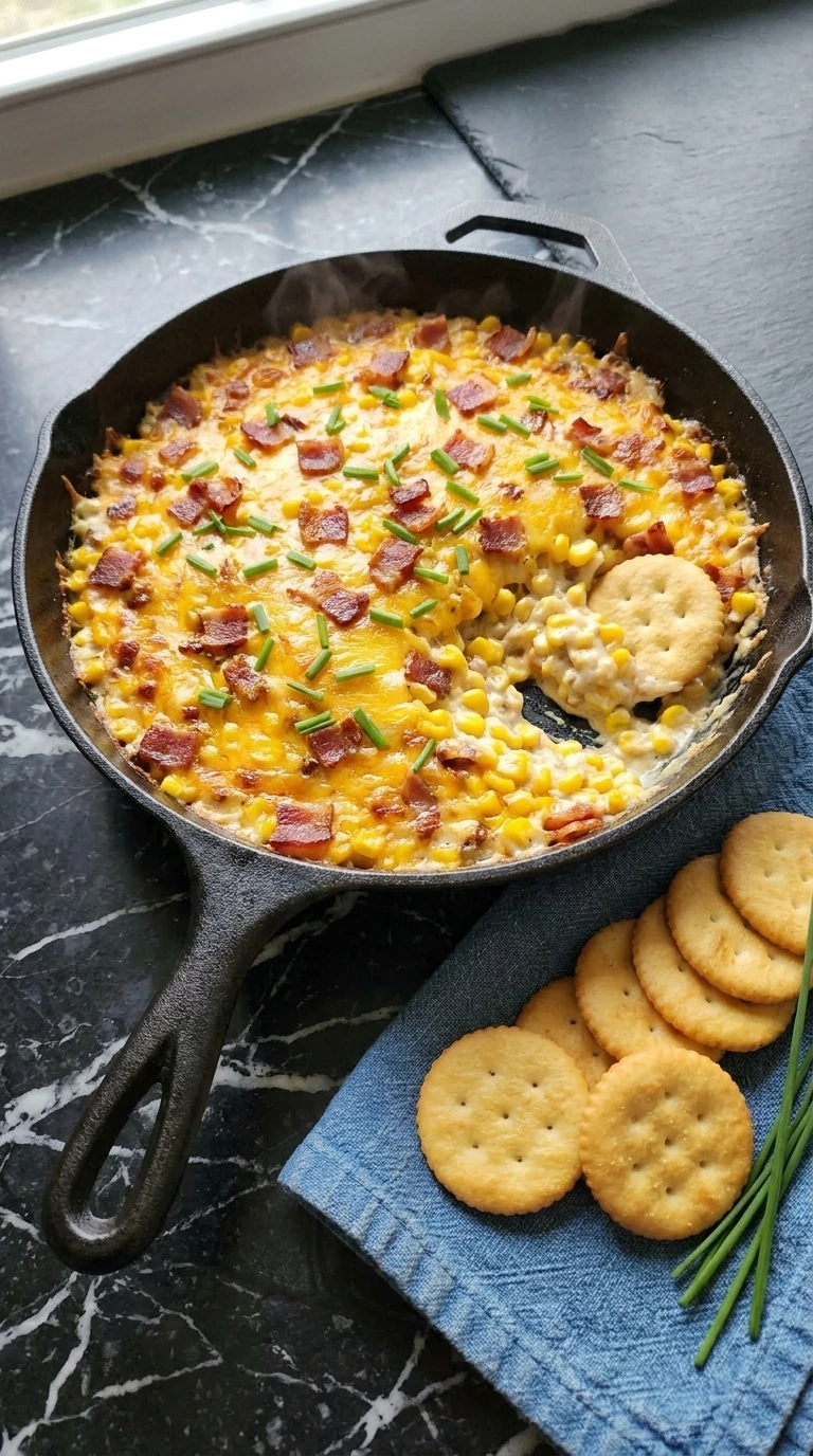 Warm bubbling cheese corn and bacon party dip served in a black cast iron skillet with butter crackers.