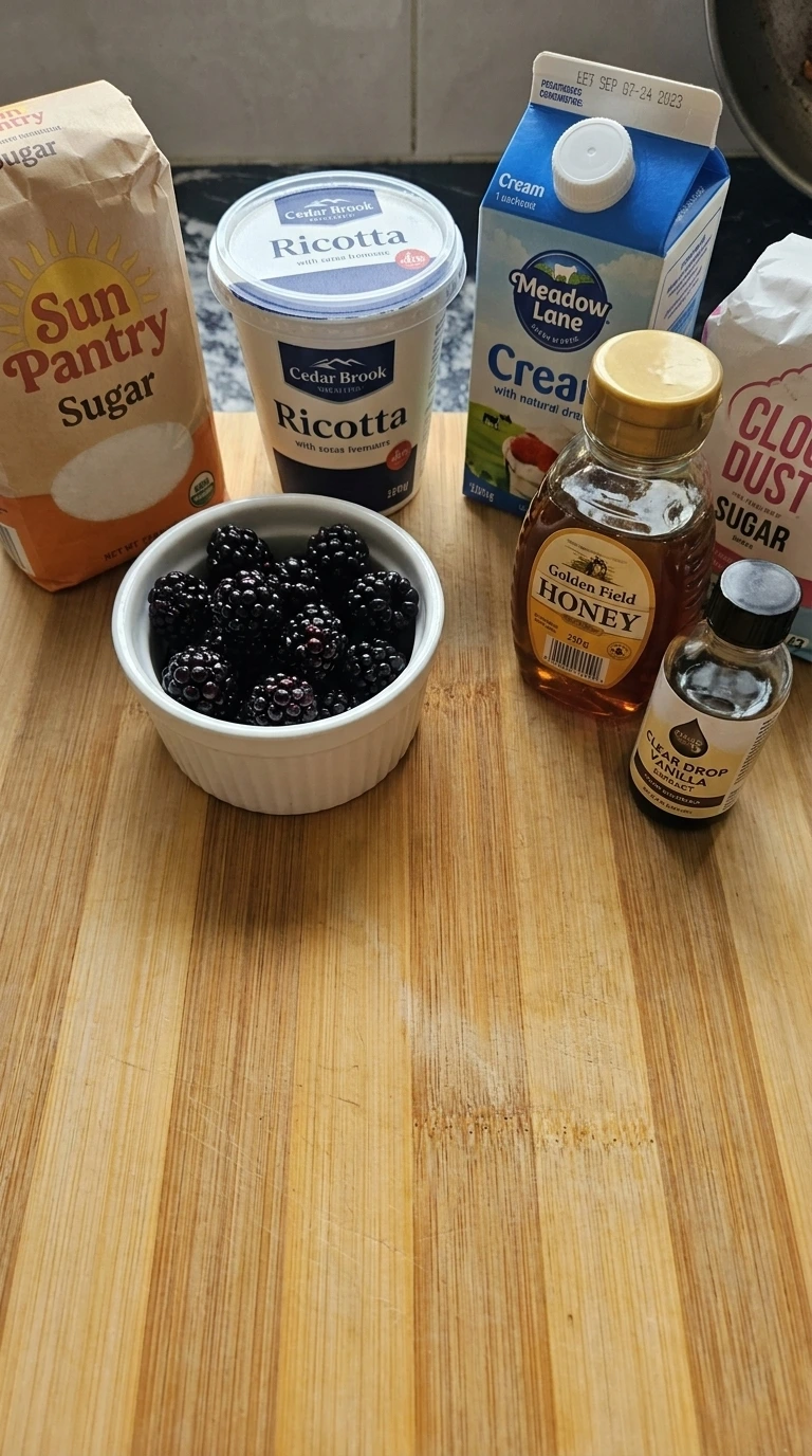 Ingredients for whipped ricotta toast with blackberry jam