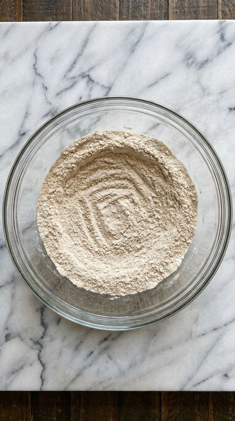Whisking flour and spices in a glass bowl for <a href=