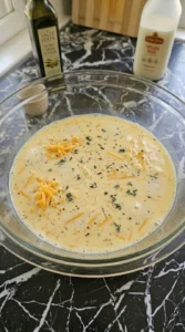 Eight eggs whisked with milk, sharp cheddar, Parmesan and thyme.