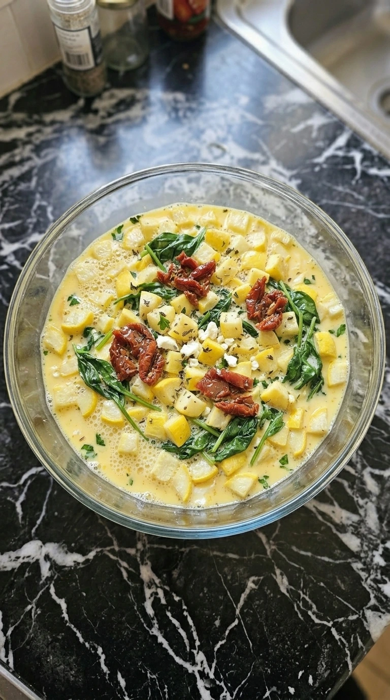 Whisked egg mixture folded with patty pan squash, spinach, feta and cheddar.