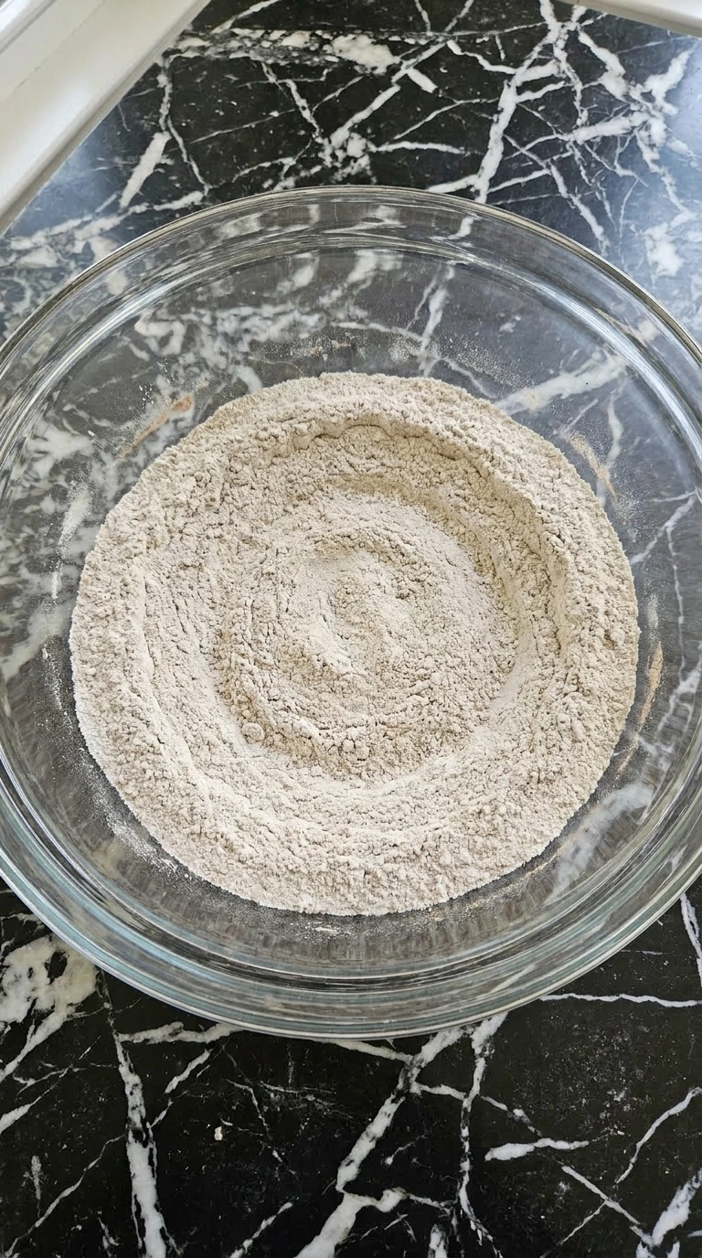 Dry ingredients blended uniformly in a glass mixing bowl