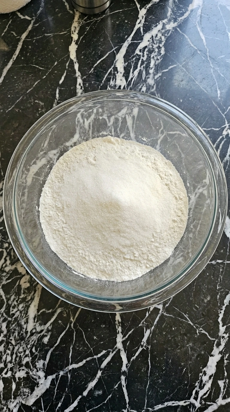 Flour sugar and baking powder blended together in a glass mixing bowl