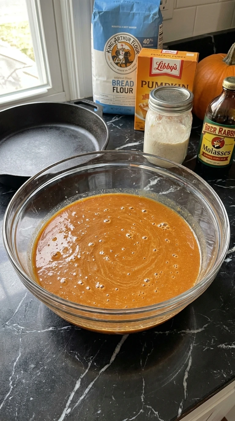 Whisking pumpkin puree and sourdough starter in a glass bowl. Recipe focus: Fall Sourdough Bread Recipes.