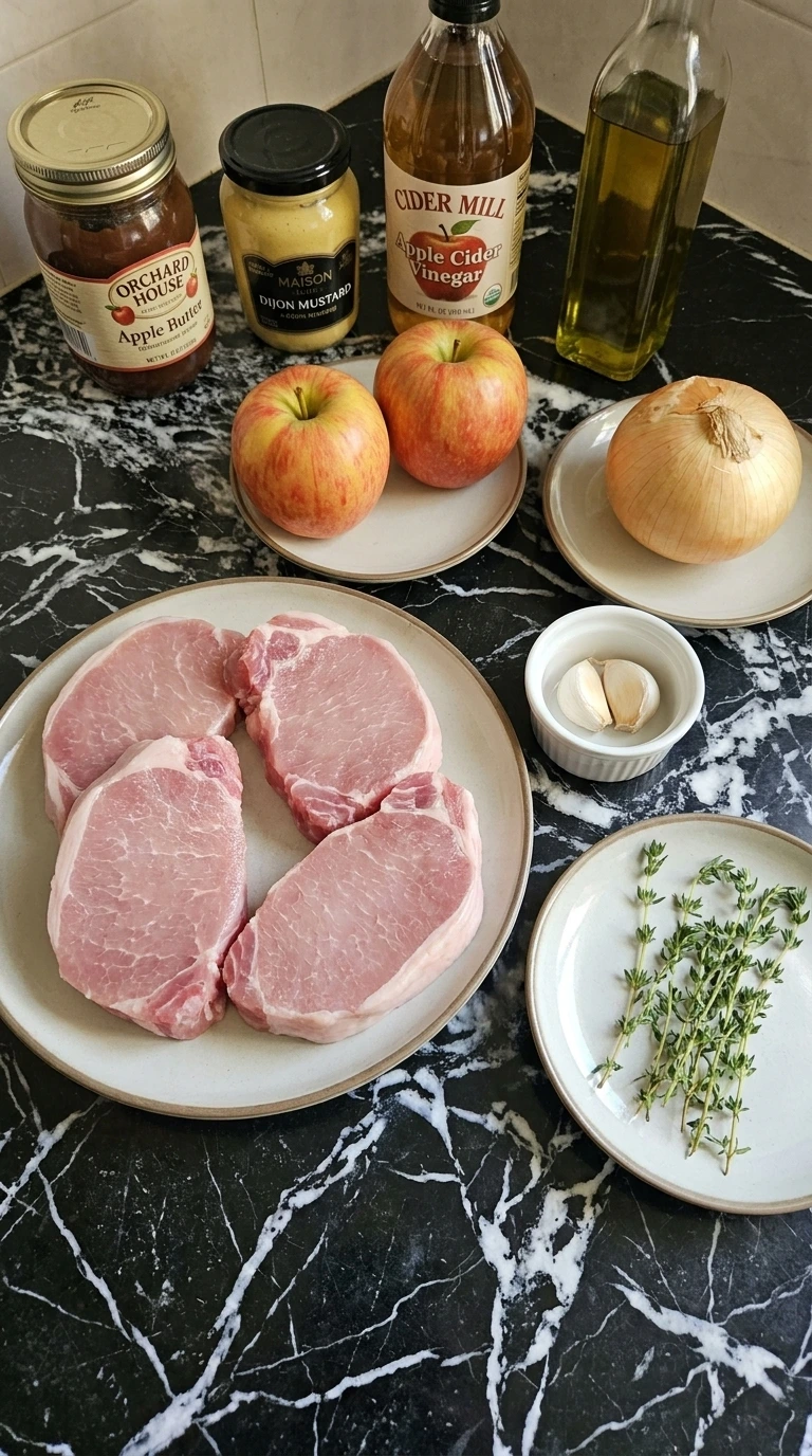 Ingredients for Apple Butter Pork Chops arranged in separate plates jars bottles and packages