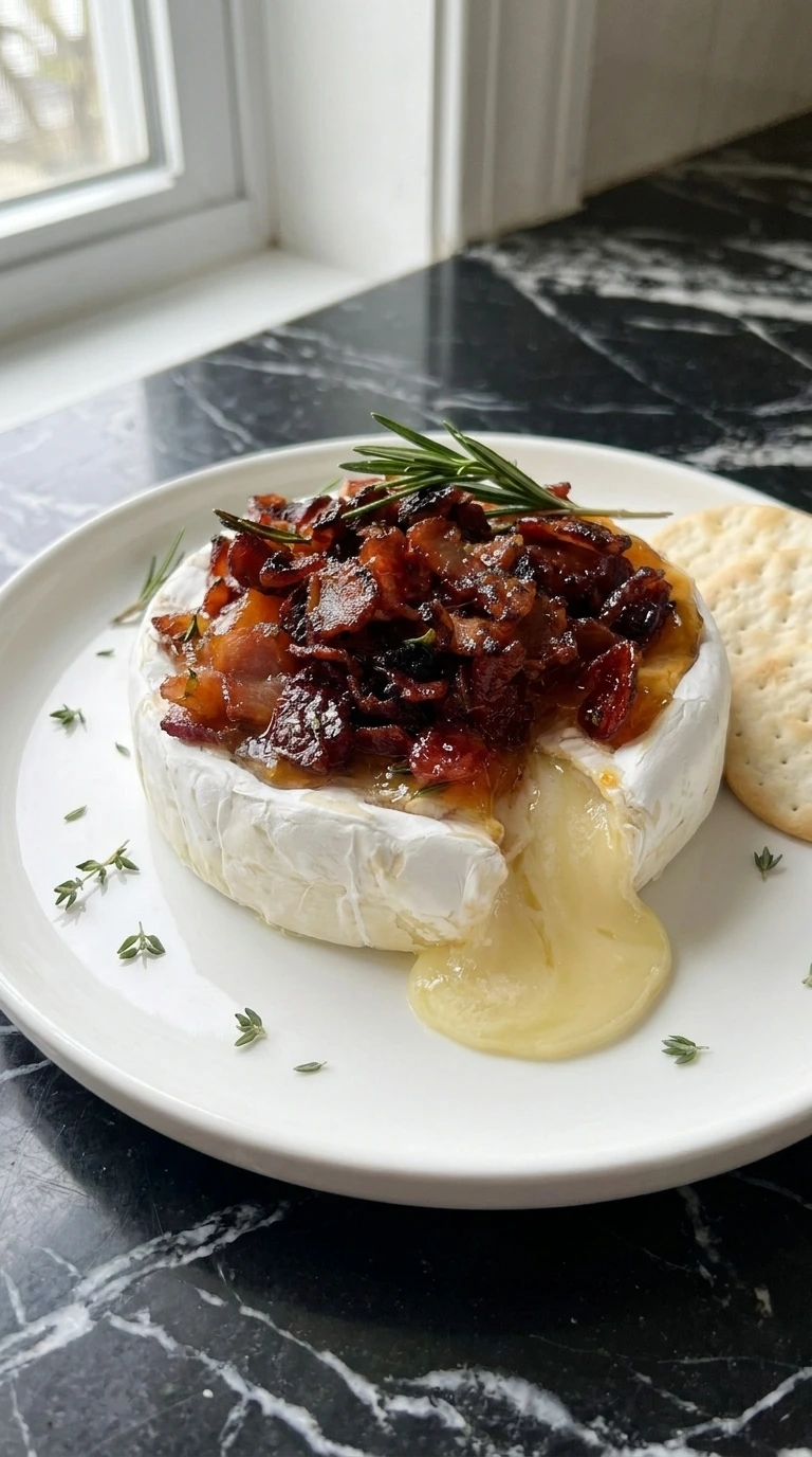 Apple Cranberry Baked Brie with glossy fruit topping and molten cheese