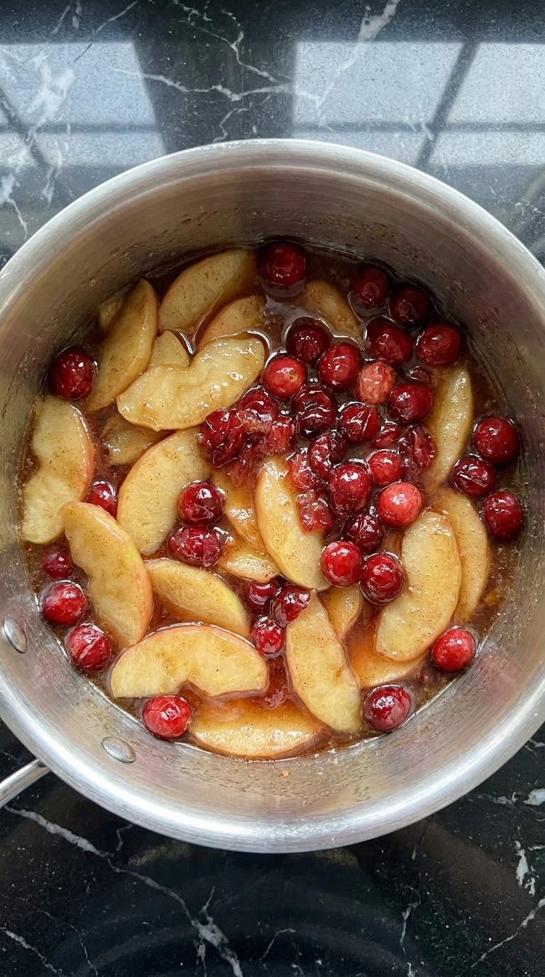 Honeycrisp apple and fresh cranberries simmering into a glossy topping
