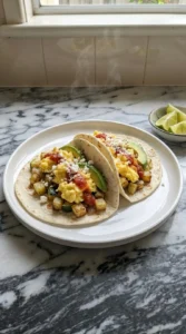 Two patty pan squash breakfast tacos with avocado salsa and cotija
