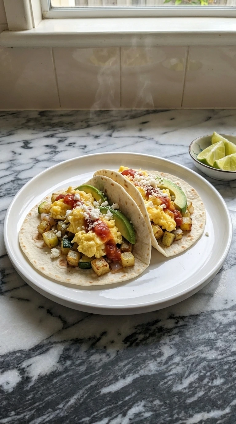 Two patty pan squash breakfast tacos with avocado salsa and cotija