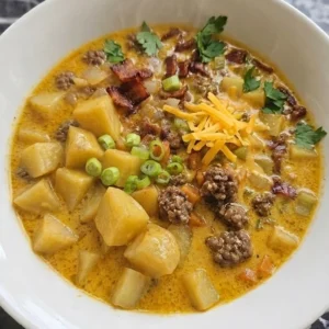 Bacon Cheeseburger Potato Soup Instant Pot Recipe served creamy and golden with bacon, beef, potatoes and green onion
