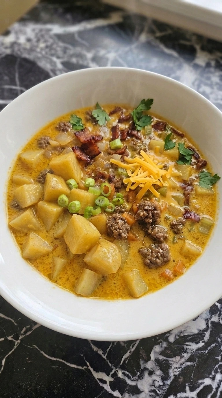 Bacon Cheeseburger Potato Soup Instant Pot Recipe served creamy and golden with bacon, beef, potatoes and green onion
