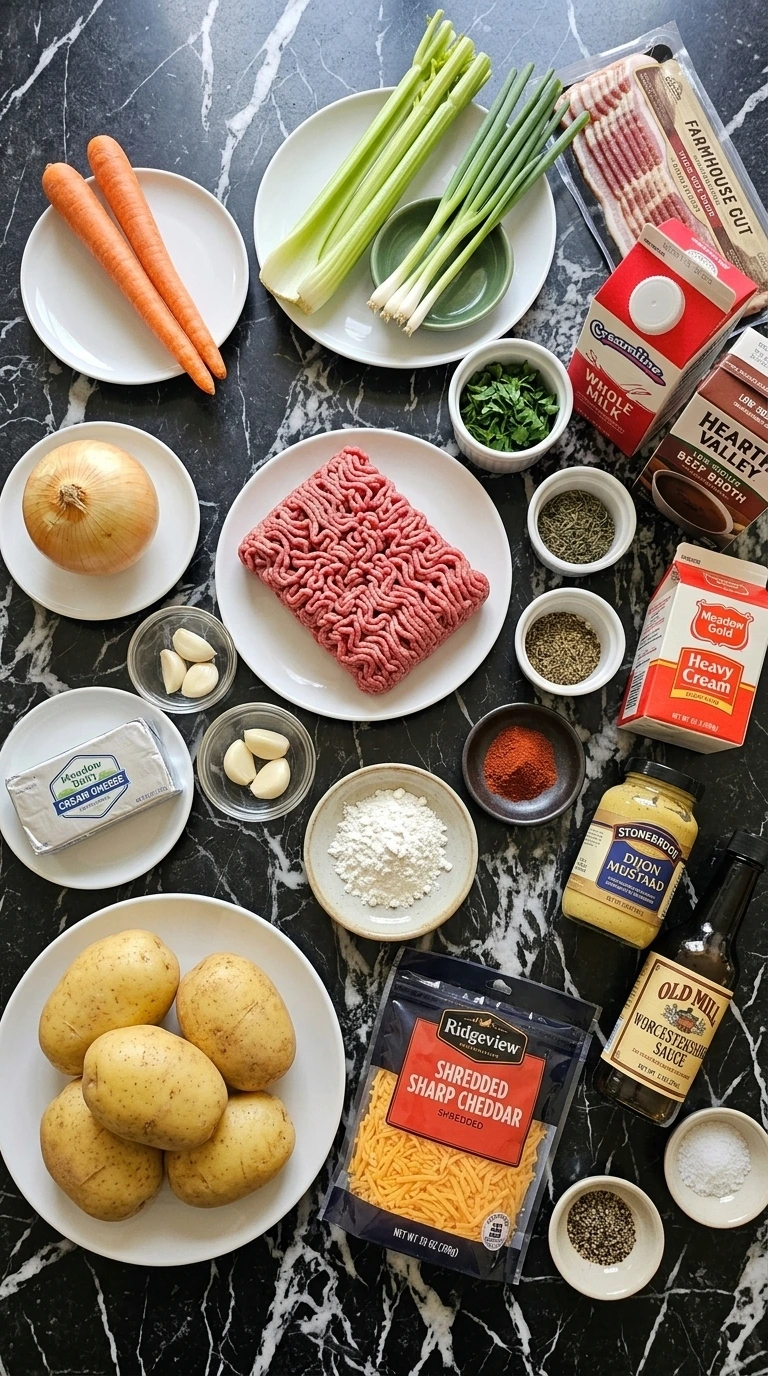Bacon Cheeseburger Potato Soup Instant Pot Recipe ingredients including beef, bacon, Yukon Gold potatoes and sharp cheddar