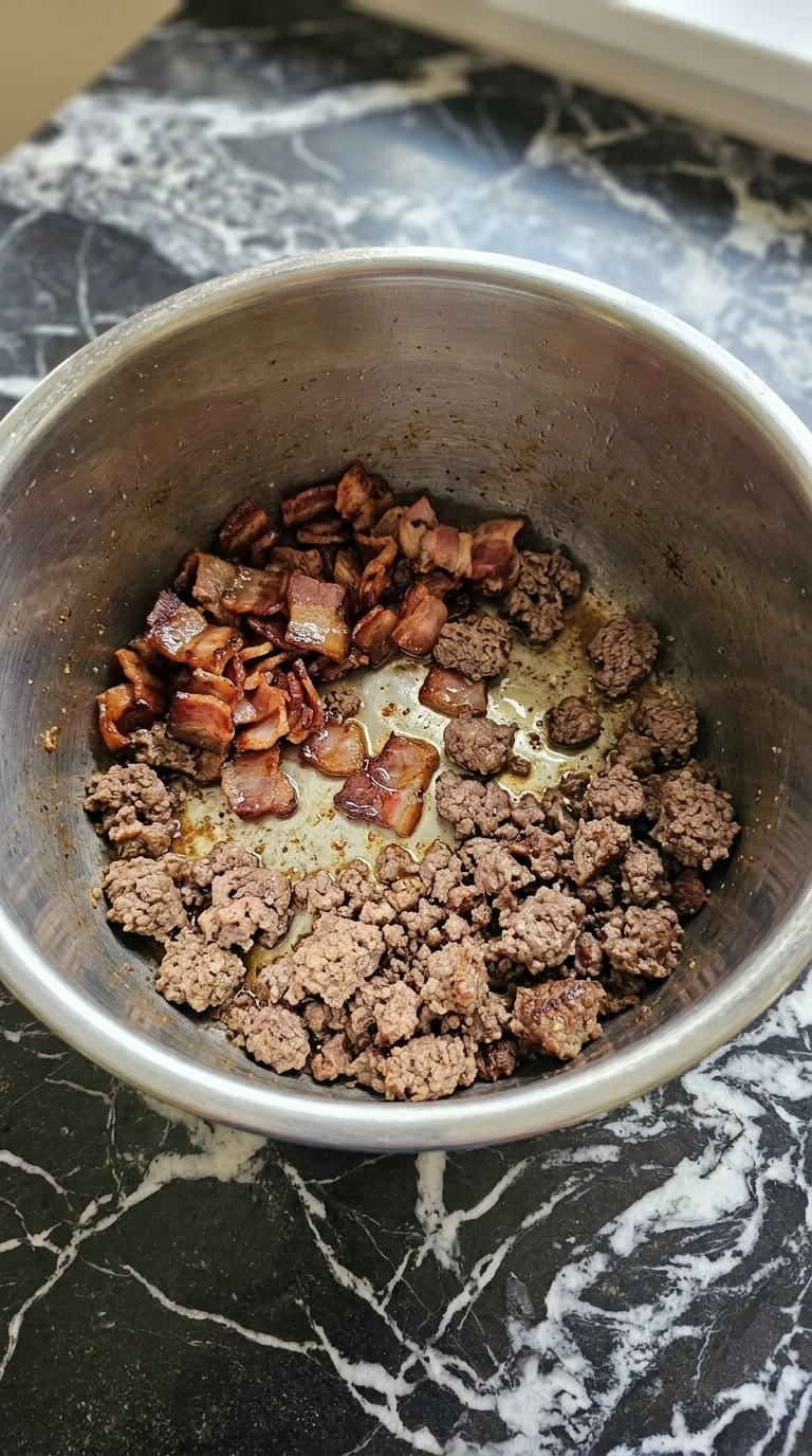 Browning bacon and ground beef for Bacon Cheeseburger Potato Soup Instant Pot Recipe in the Instant Pot