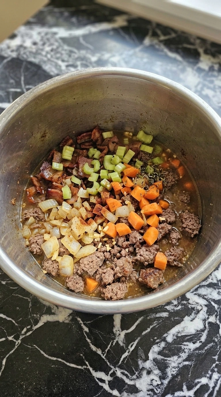 Softened vegetables and deglazed beef base for Bacon Cheeseburger Potato Soup Instant Pot Recipe