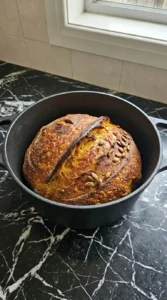 Deep chestnut pumpkin sourdough boule baked in a Dutch oven. Recipe focus: Sour Dough Recipe Ideas.