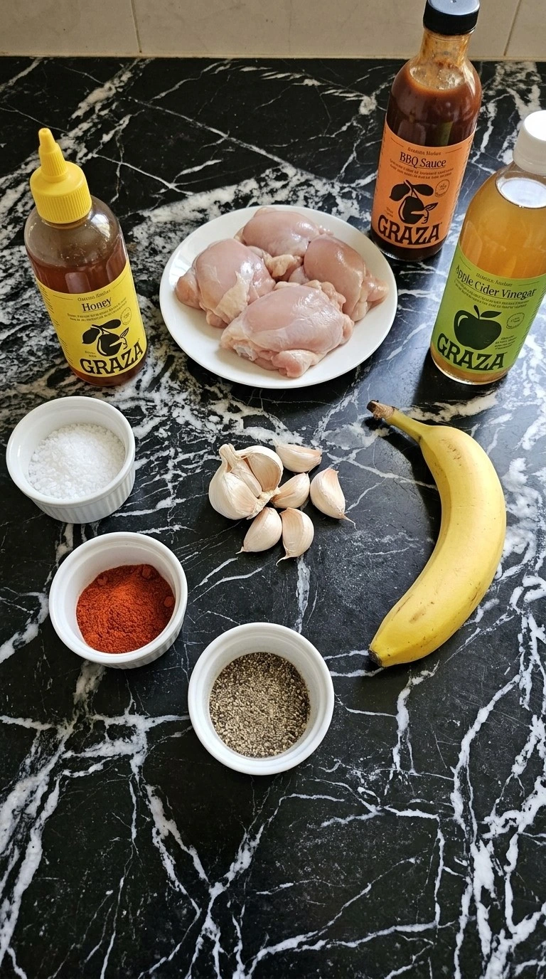 Banana BBQ Chicken ingredients including chicken thighs banana and BBQ sauce