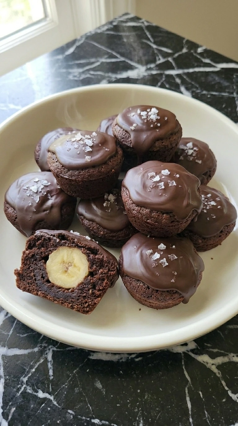 Banana Brownie Bites piled in a cream bowl with glossy chocolate caps and a visible banana center
