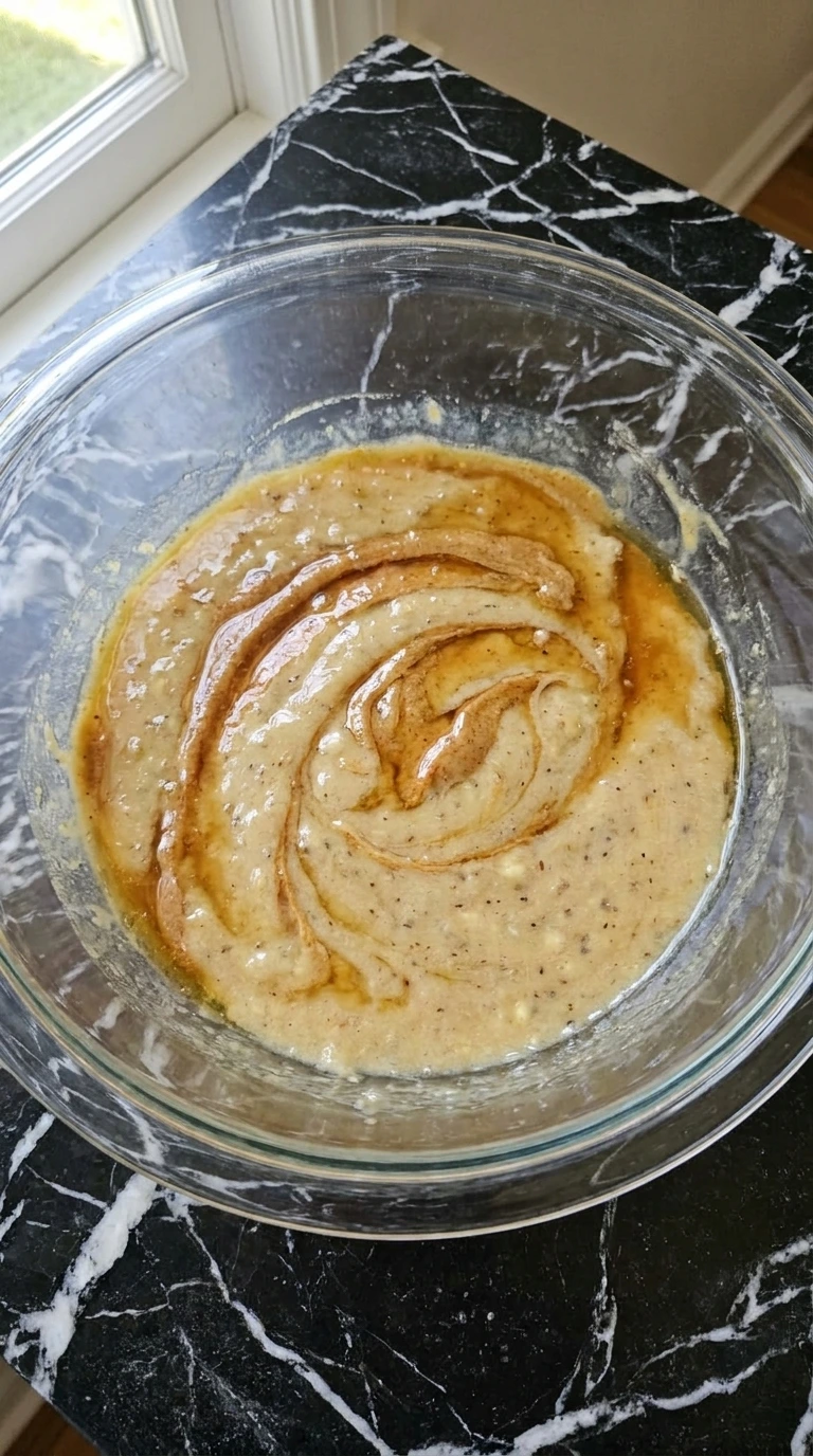 Wet base for Banana Brownie Bites with mashed banana, almond butter, maple syrup and egg
