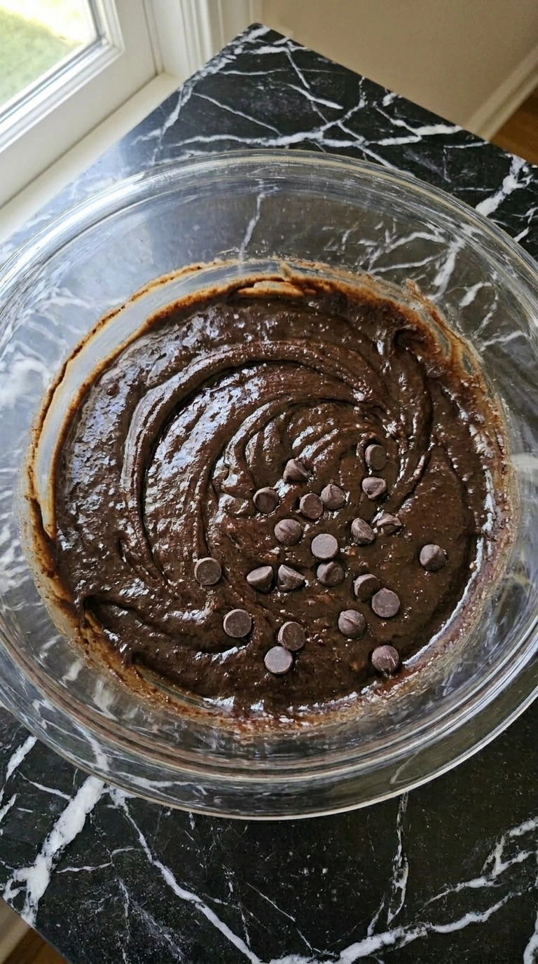 Chocolate batter for Banana Brownie Bites after cocoa and dark chocolate chips are folded in