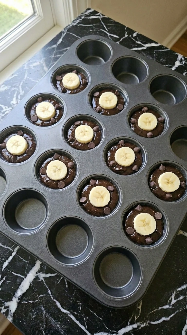 Banana Brownie Bites portioned into a mini muffin tin around twelve banana centers